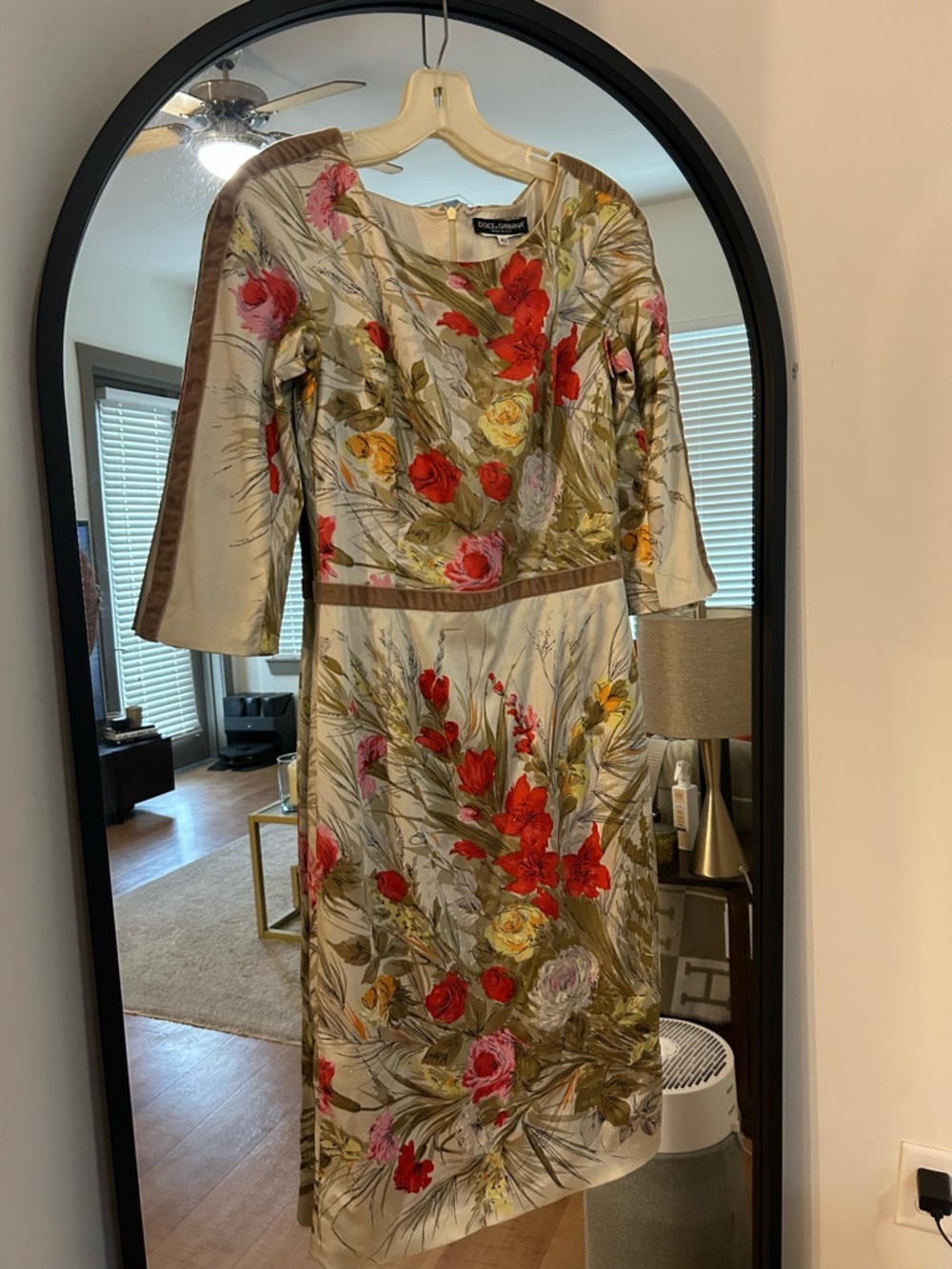 Dolce & Gabbana Floral Midi Dress in Champagne with Red and Pink Accents
